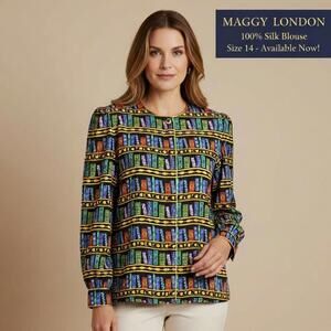 Maggy London 100% Silk Printed Blouse Size 14